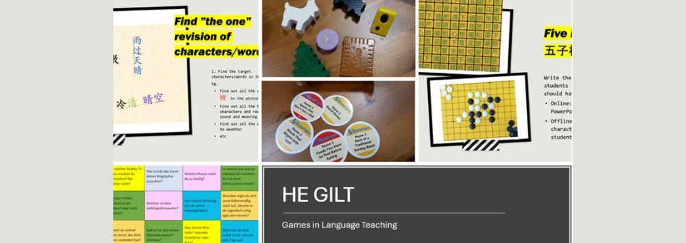 Collage of languages grammatical games, with the project title HE Gilt Games in Language Learning in white text and a black box at the bottom right of the image