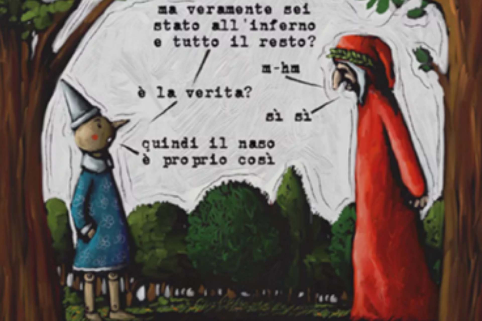 An image depicting Italian conversations between Pinocchio and Dante