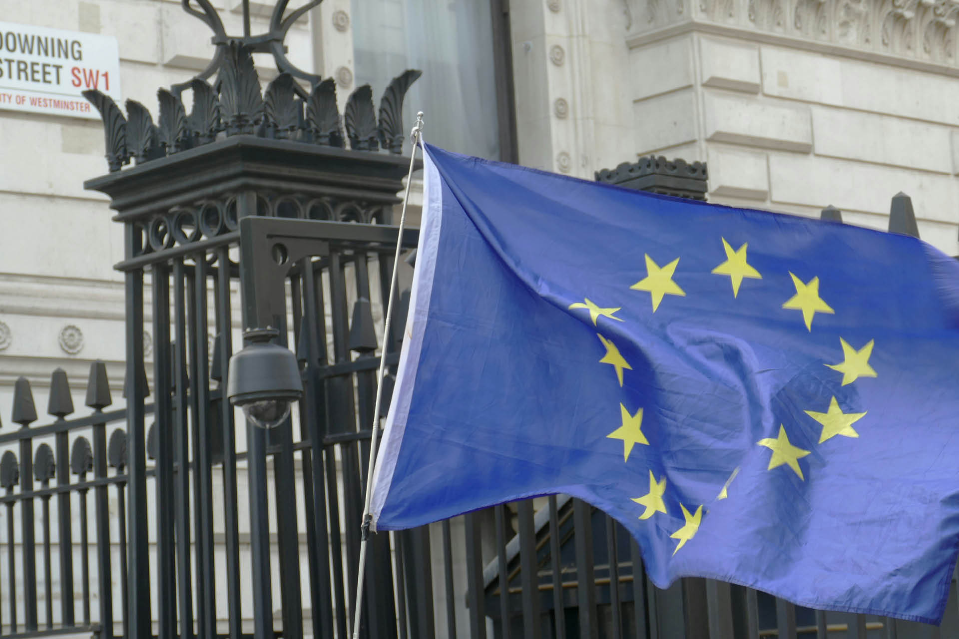 European flag flying in front of a street sign that read 'Downing Street'