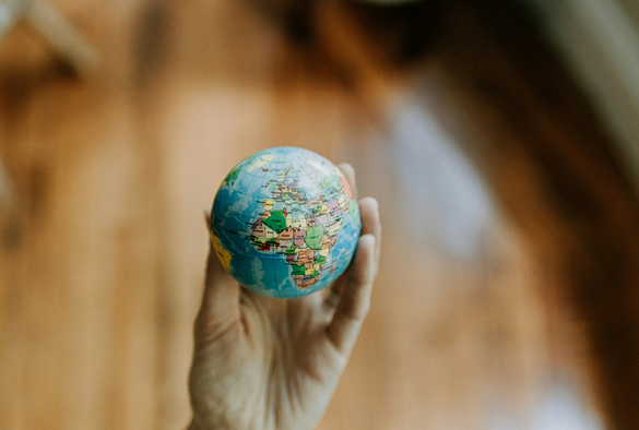 A hand holding a small globe.