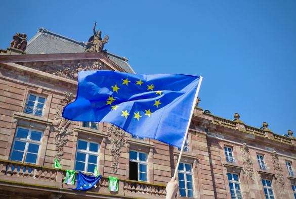 European flag in front of a building in Strasbourg