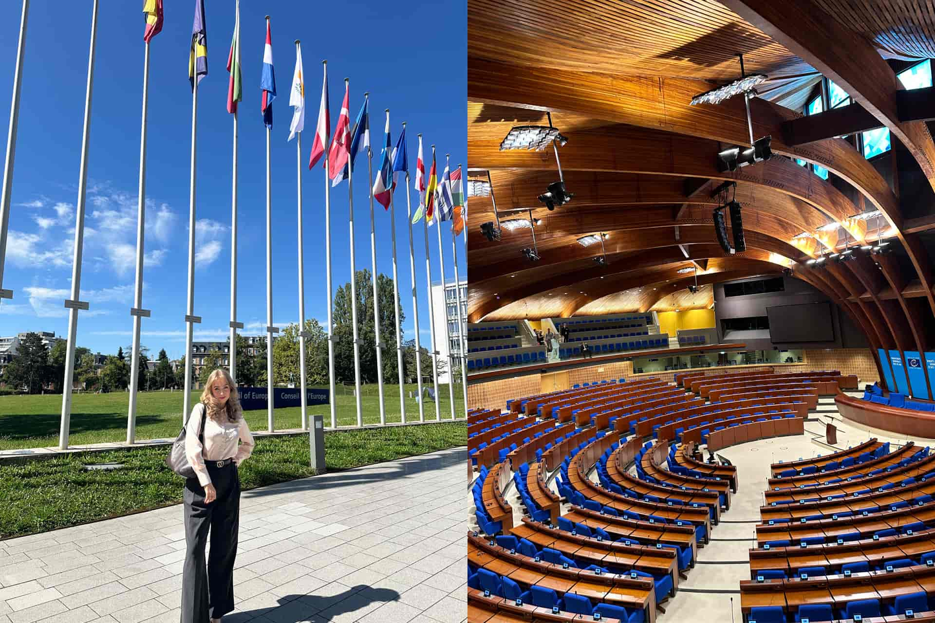 The first image is Stephanie Whelan stood in front numerous flag poles. The second image is the interior of the Council of Europe.