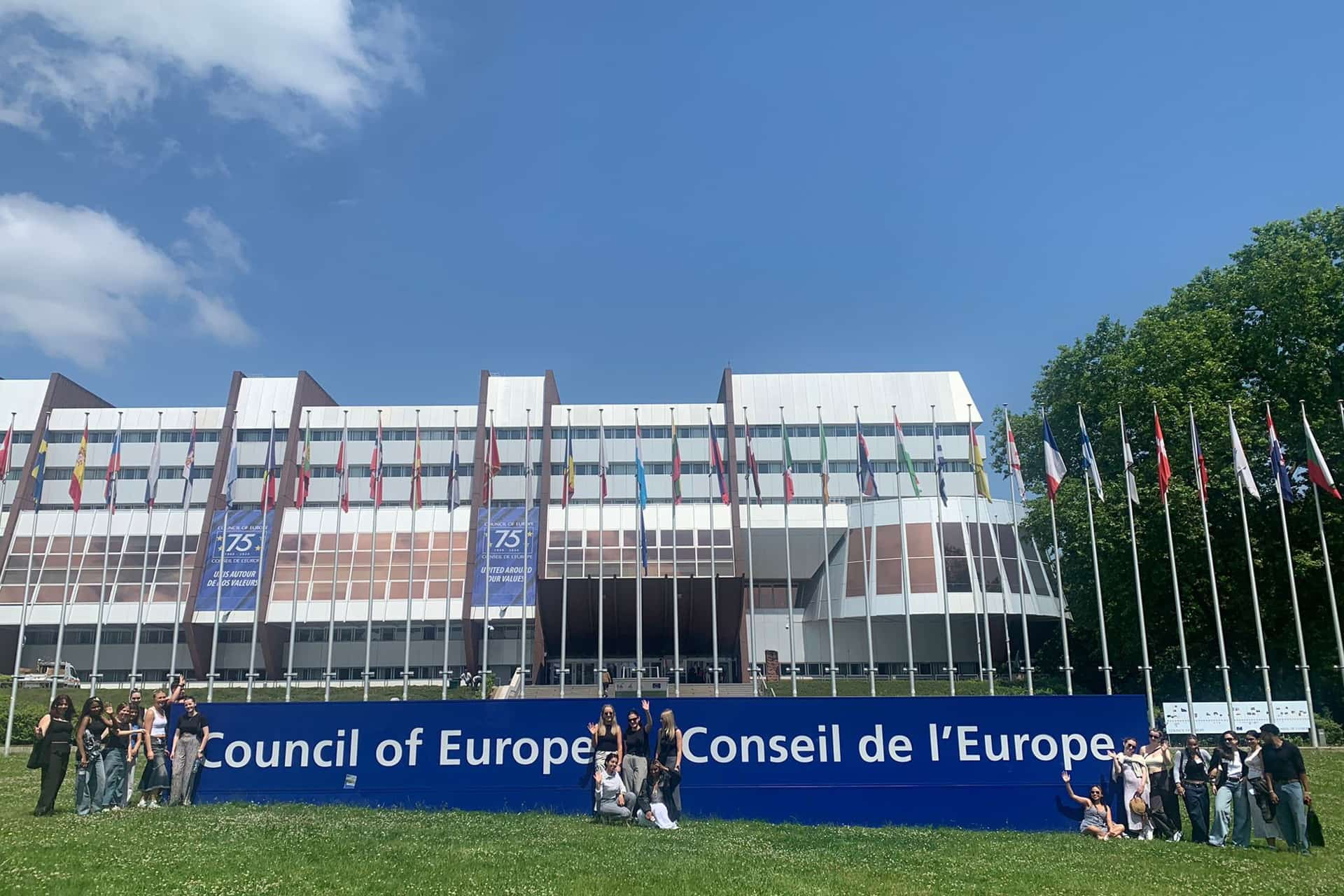 Students stood outside of the Council of Europe building.