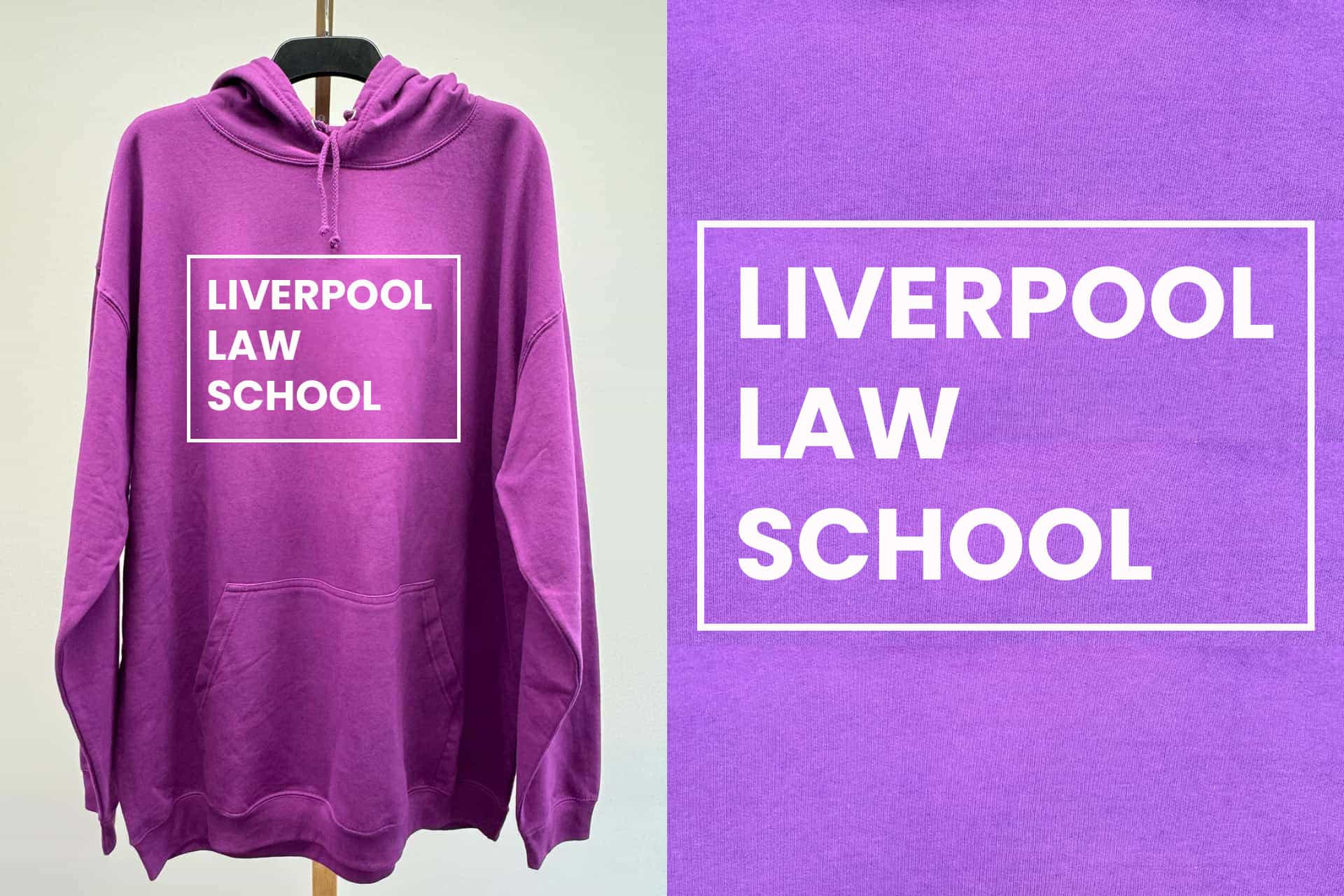 A purple hoody with a white logo on the front. The logo reads 