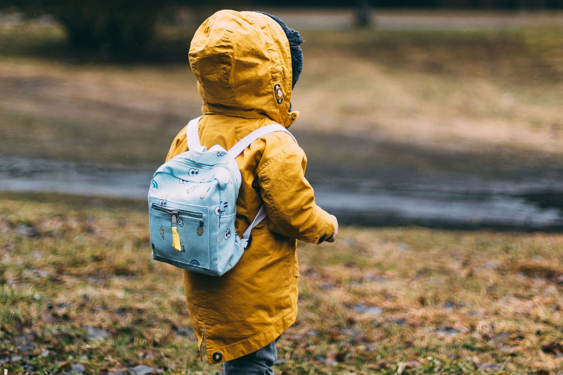 Child walking in woods with hood up.