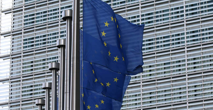 A photo of multiple European flags outside the European Parliament building.