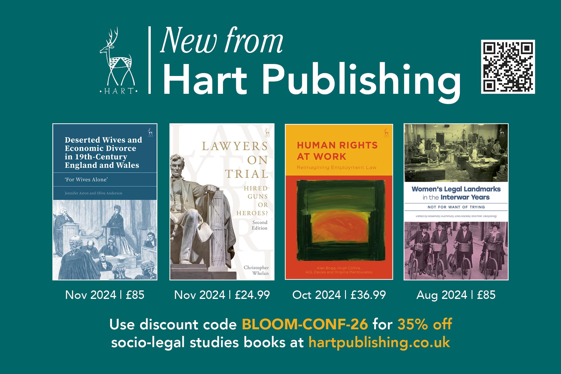 A promotional banner from Hart Publishing offering a 35% discount with the code BLOOM-CONF-26.