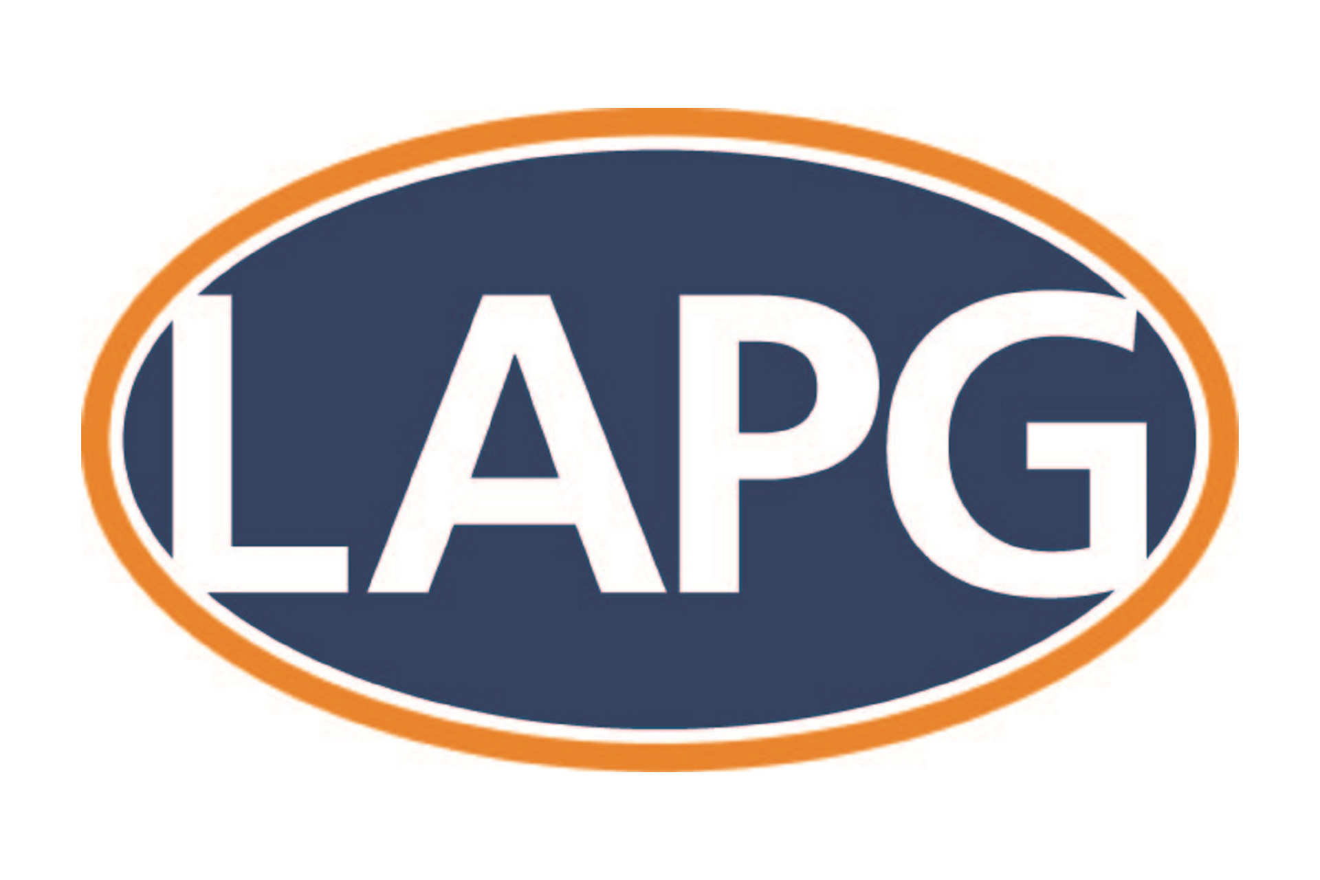 LAPG logo: The letters 'LAPG' are displayed in bold white text inside a blue oval with a bright orange outline.