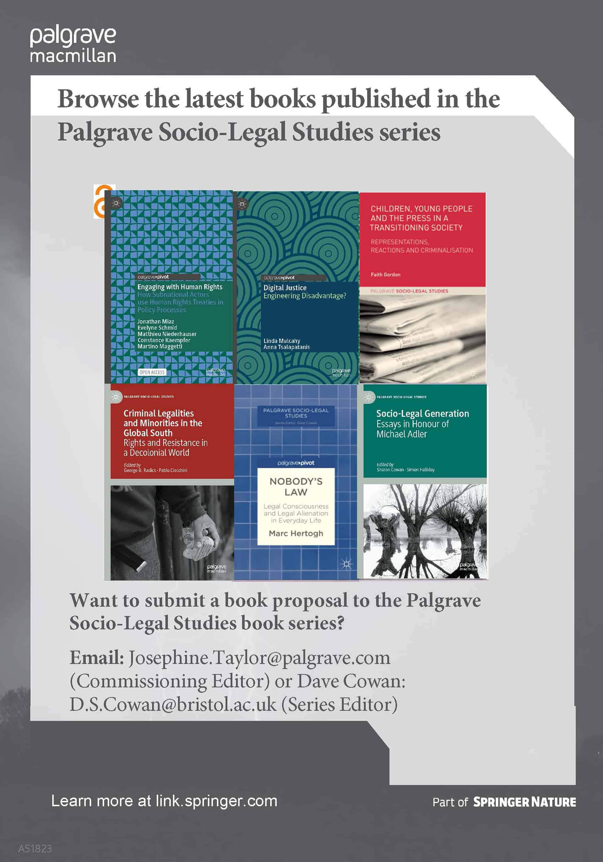 Promotional image for the Palgrave Socio-Legal Studies book series. The image features a selection of book covers from the series. The text invites authors to submit book proposals and provides contact emails: Josephine.Taylor@palgrave.com (Commissioning Editor) and D.S.Cowan@bristol.ac.uk (Series Editor).