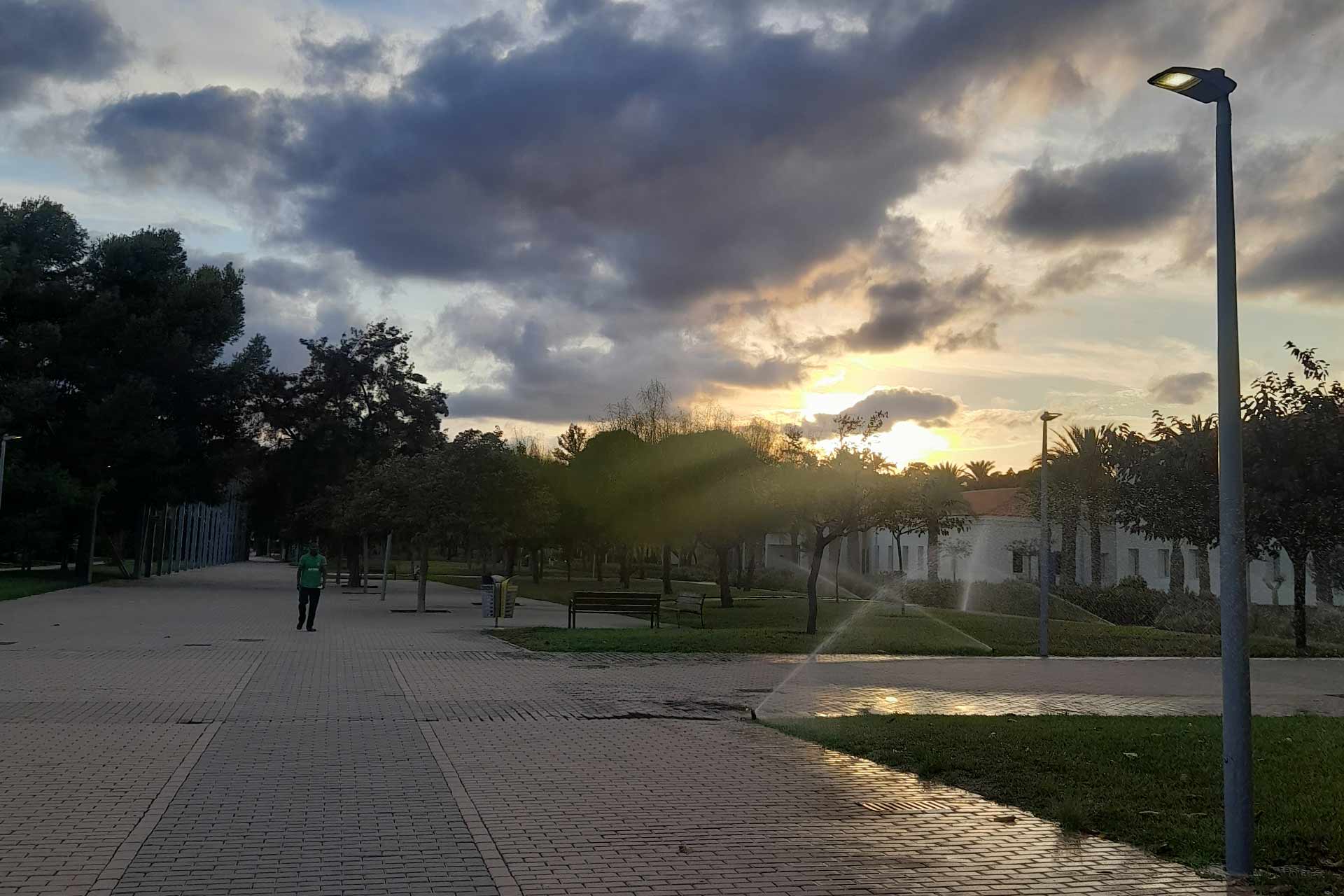 Sun setting on a university campus