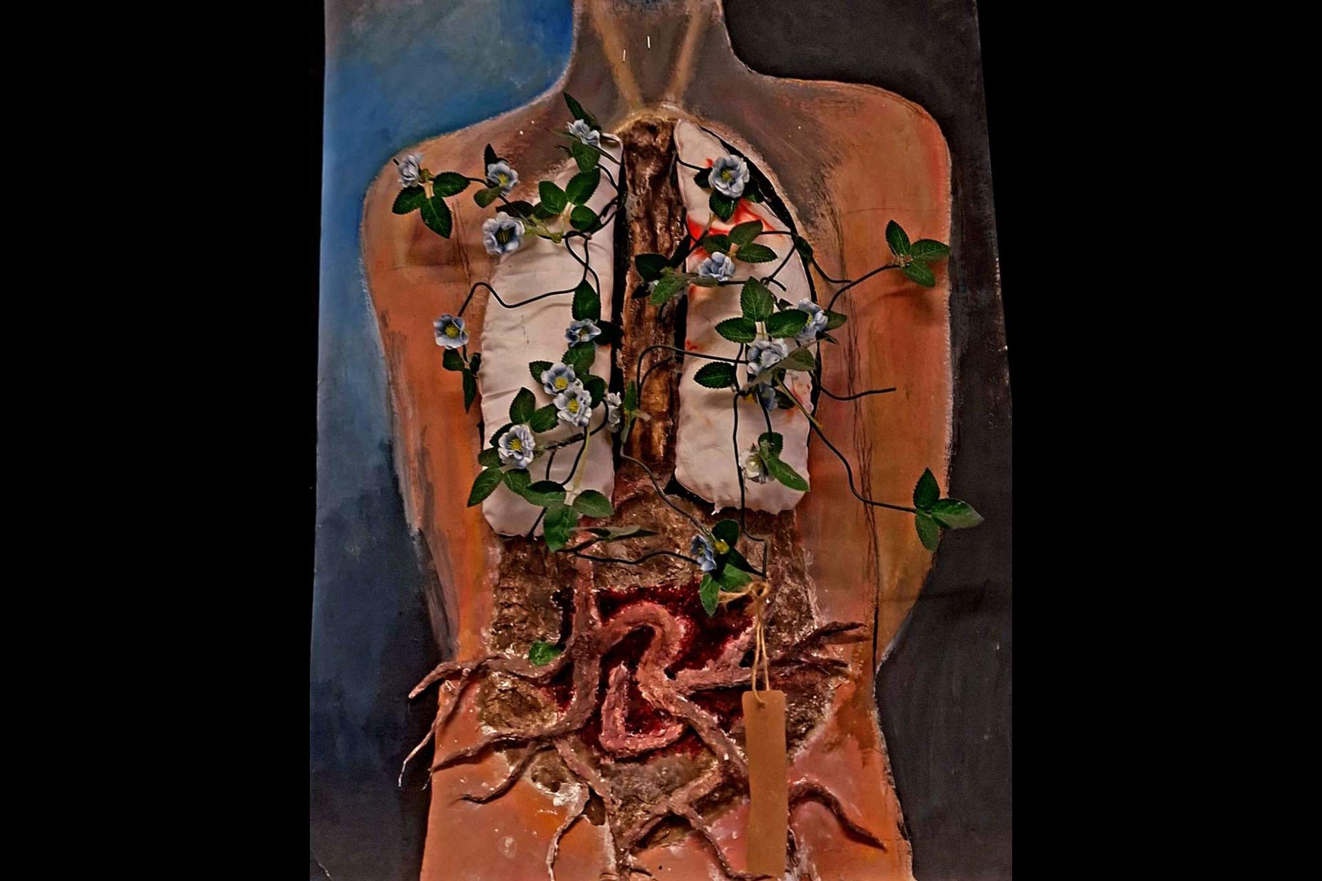 A mixed media art project of a human body using different materials for the lungs and intestines, with fake ivy wrapped around the 'lungs'