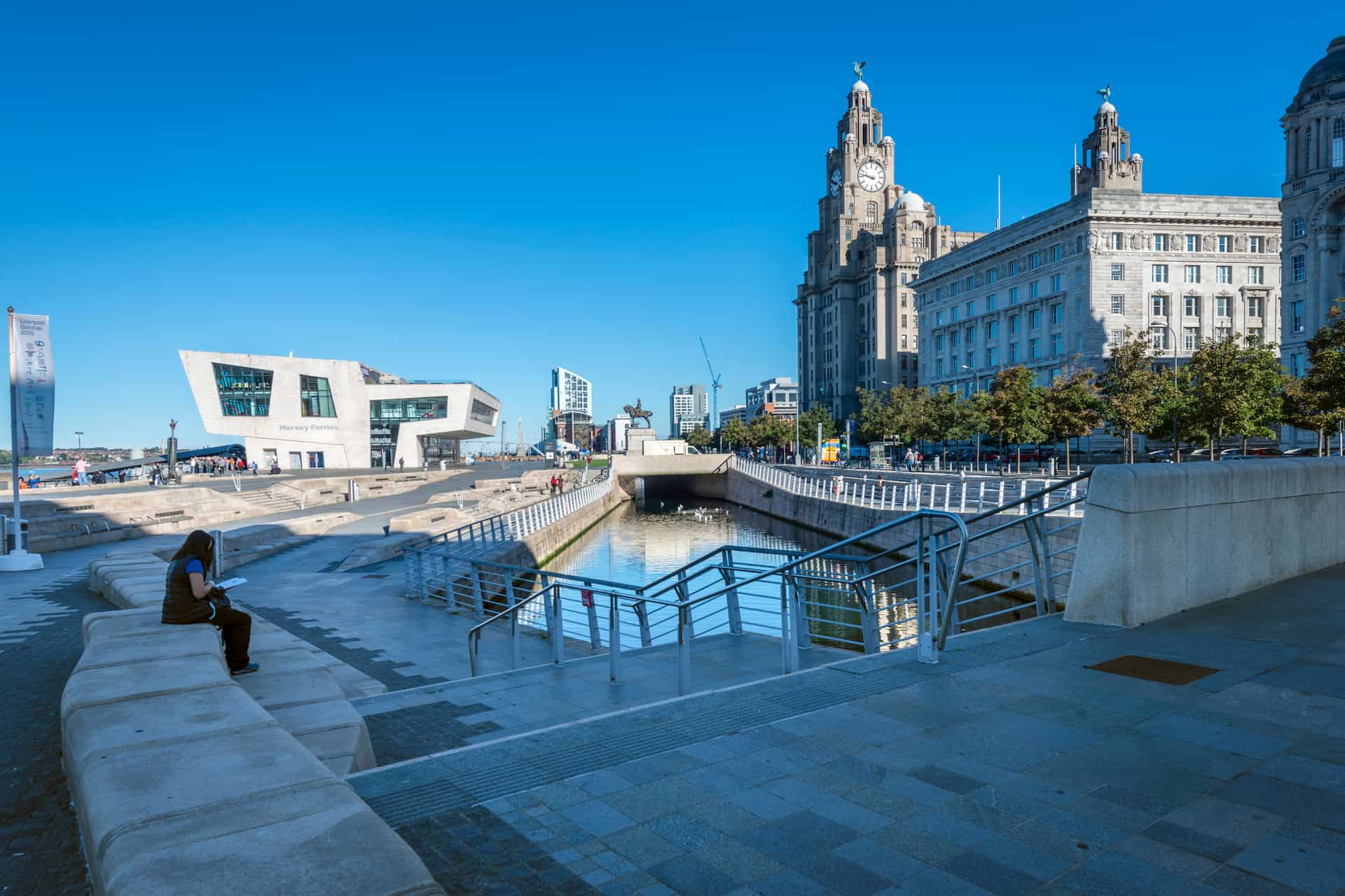 Liverpool's waterfront buildings including the museum of Liverpool and the Liver Building