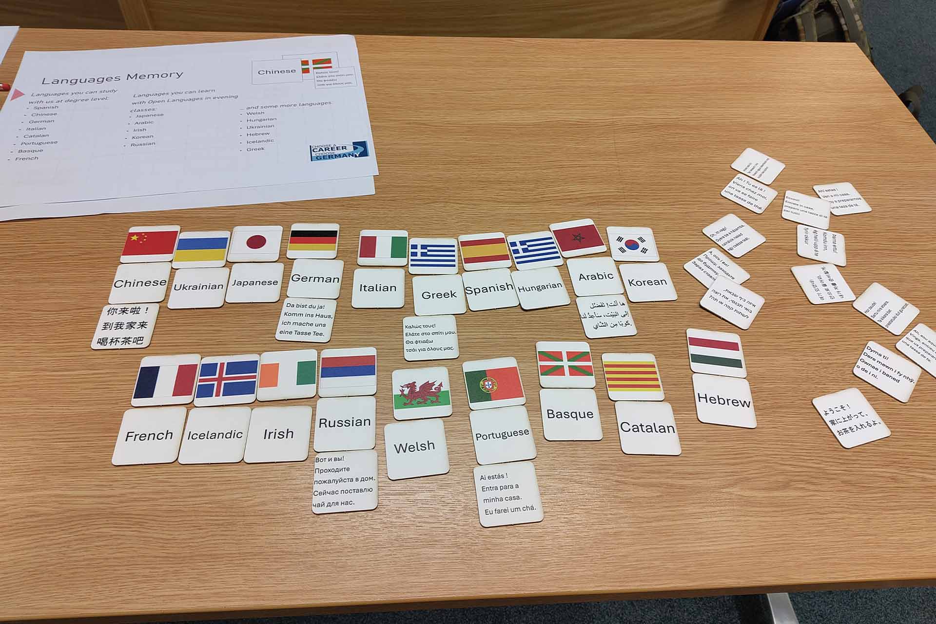 A table with cards laid out with images of flags and their respective countries on separate cards matched up