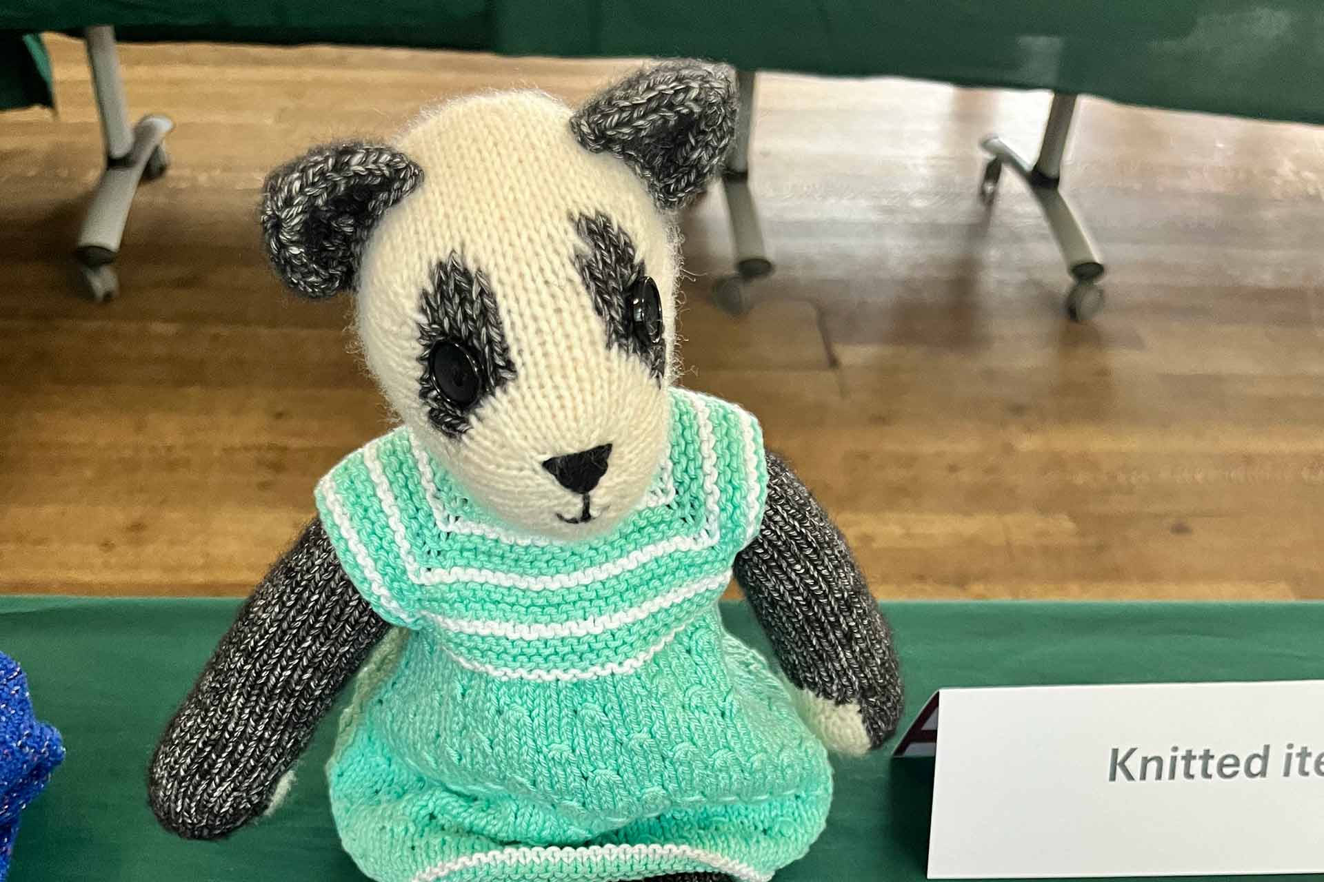 A knitted panda on display during an annual show at Ness.