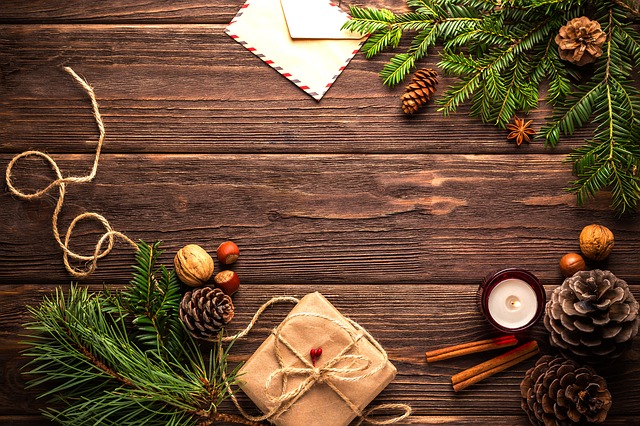 Christmas decorations on a wooden table