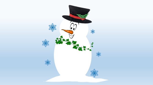 A snowman wearing a festive hat