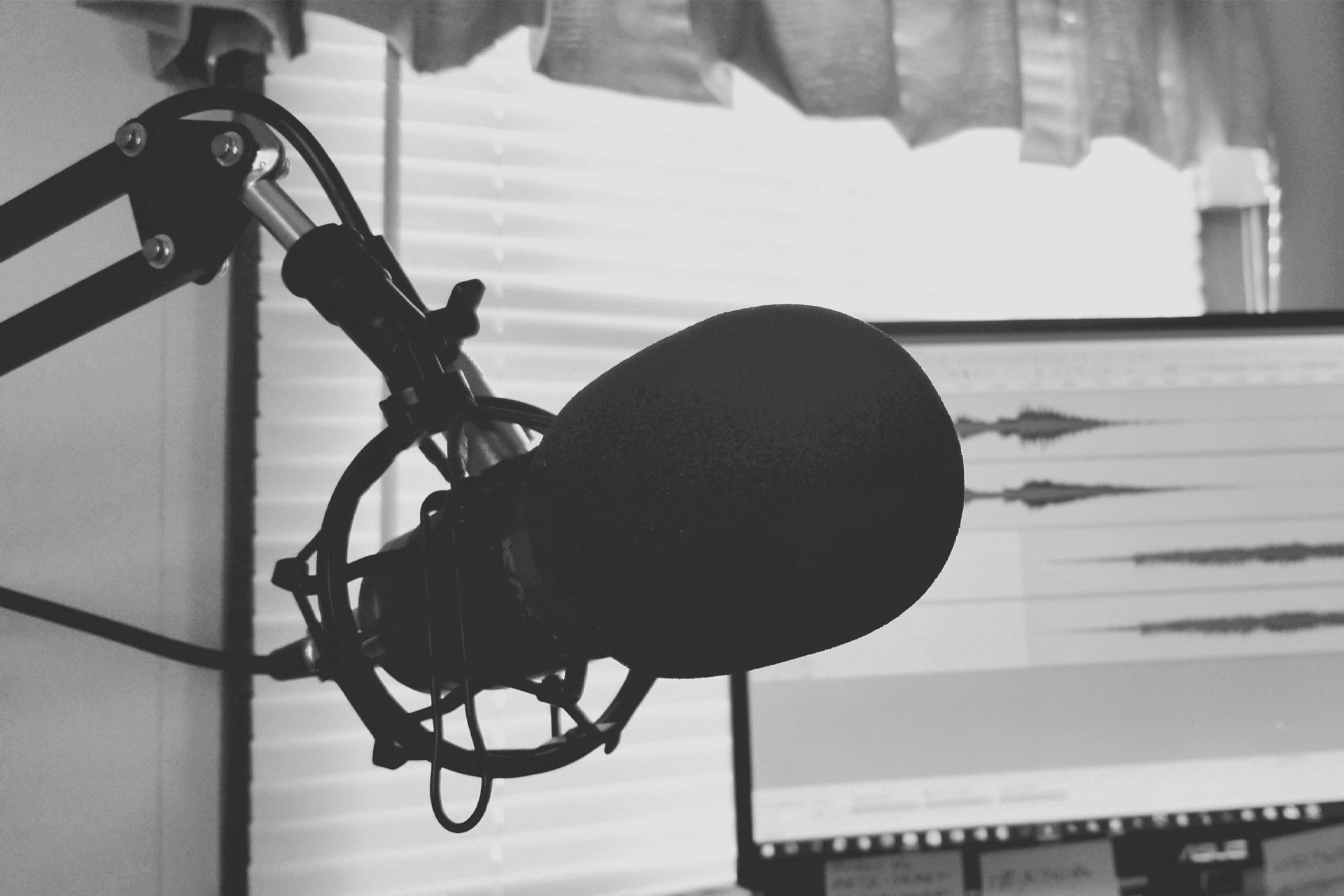 A microphone and computer with soundwaves on the screen