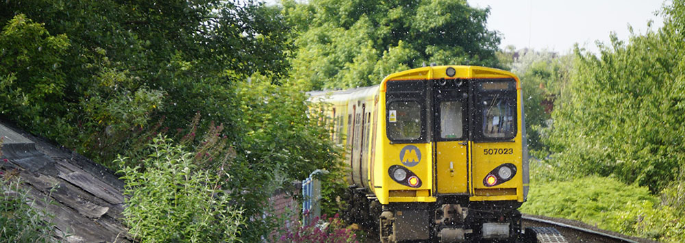 A yellow train traveling down train tracks next to trees