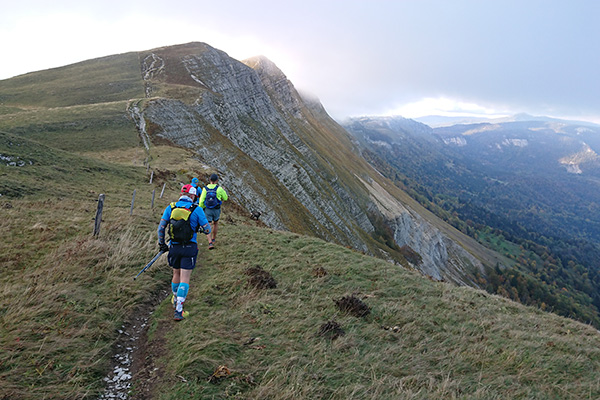 People trail running on a top of a mountain.