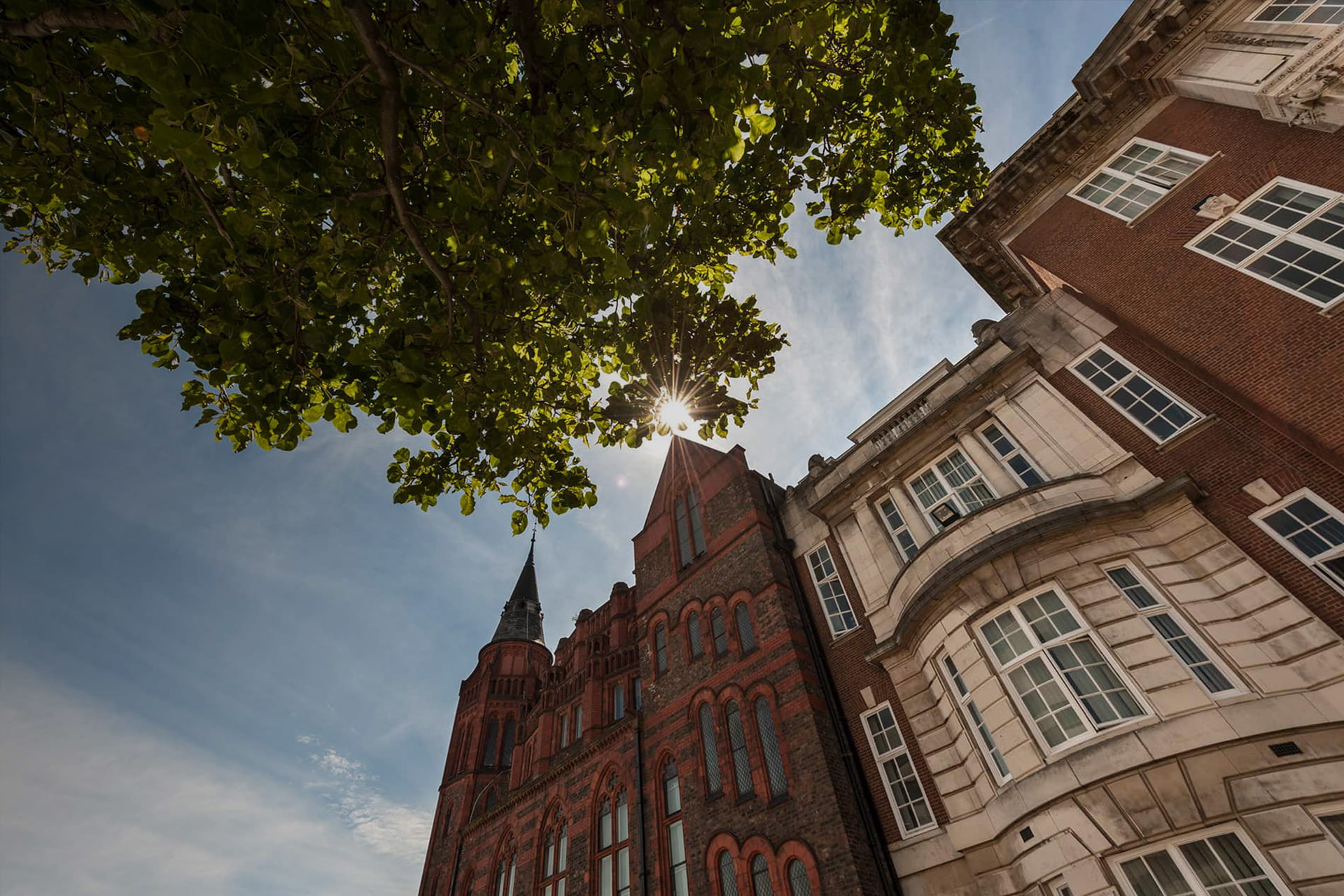 Looking up at the Victoria Gallery and Museum on a sunny day.