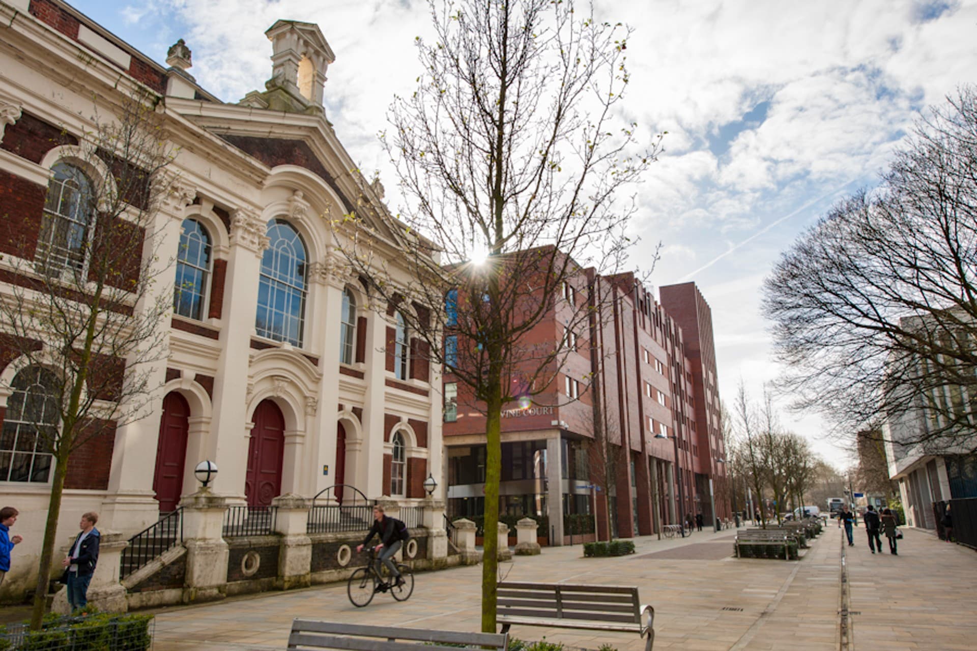 A picture of the city centre University of Liverpool campus, with Vine Court in the background.