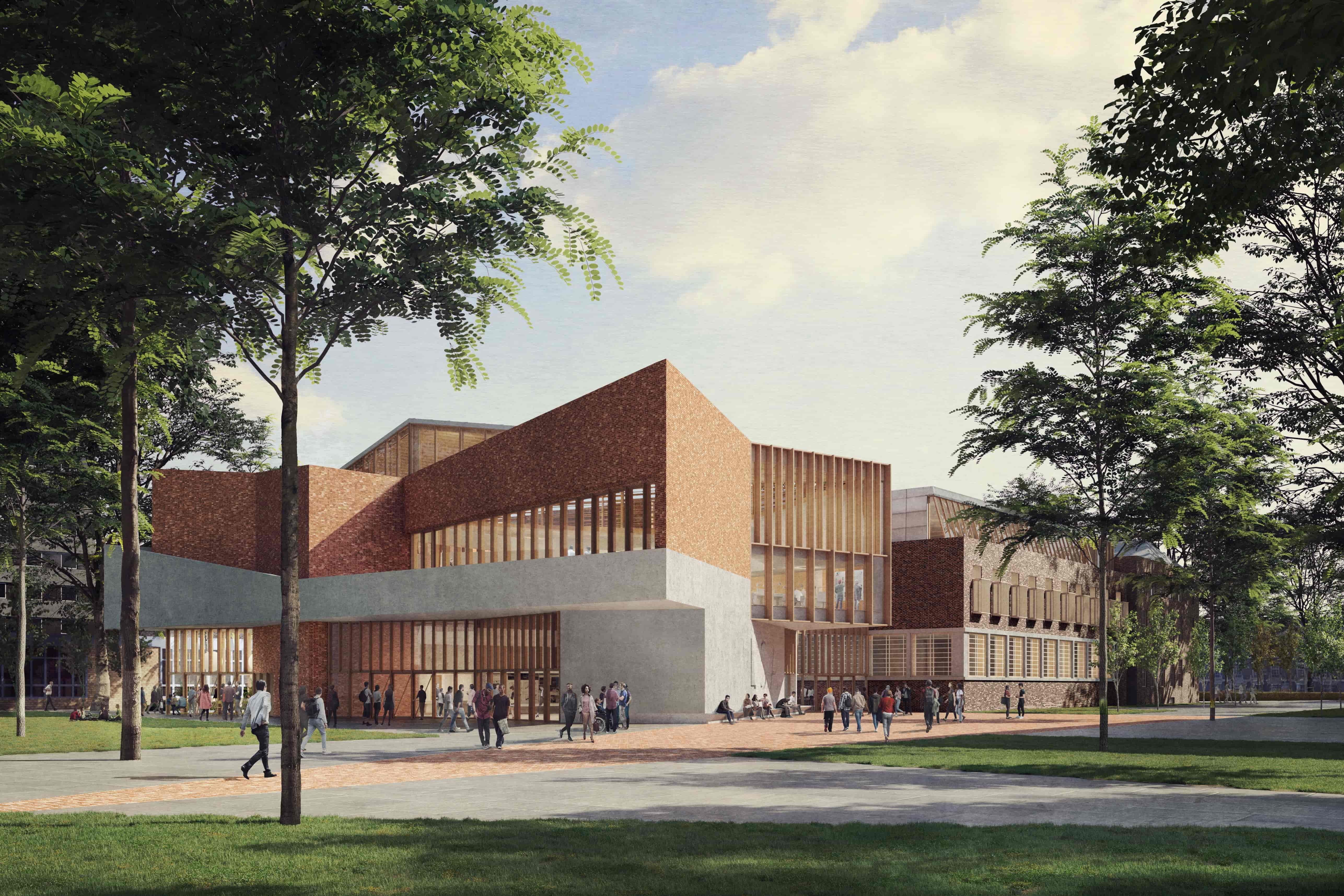 A render of the plans for the new School of Architecture extension. This image shows the building's main entrance, with people milling around.