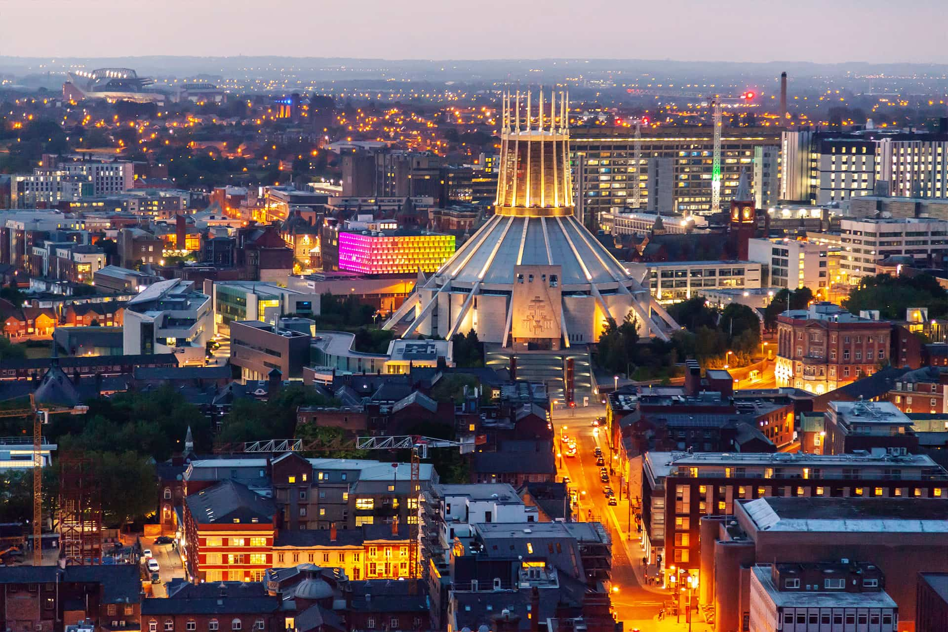 Aerial shot of Liverpool city centre at night