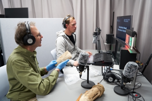 Two men sitting at a computer analysing early wood from 476000 years ago