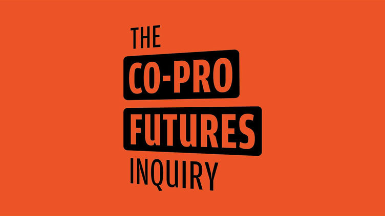 Co-Pro Futures Inquiry black, white and orange poster