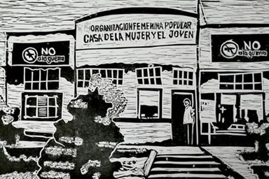 Linoprint of Colombian street scene