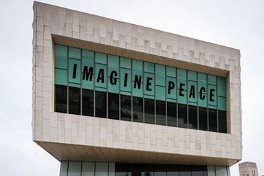 The Museum of Liverpool with 'Imagine Peace' written in the window