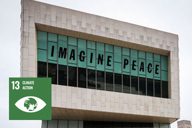 The Museum of Liverpool with 'Imagine Peace' written in the window