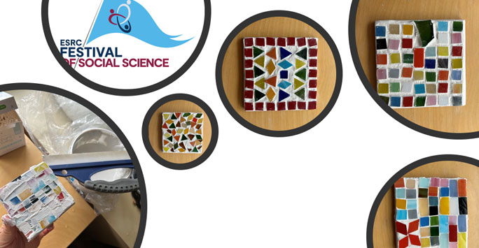 A montage of various mosaic art pieces and the Festival of Social Sciences logo