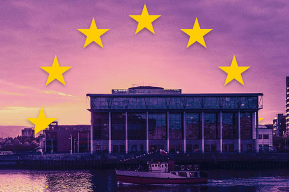 Belfast waterfront with EU stars