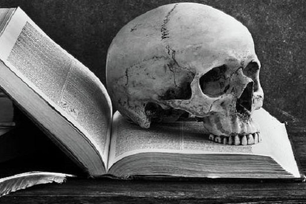 A human skull on a book