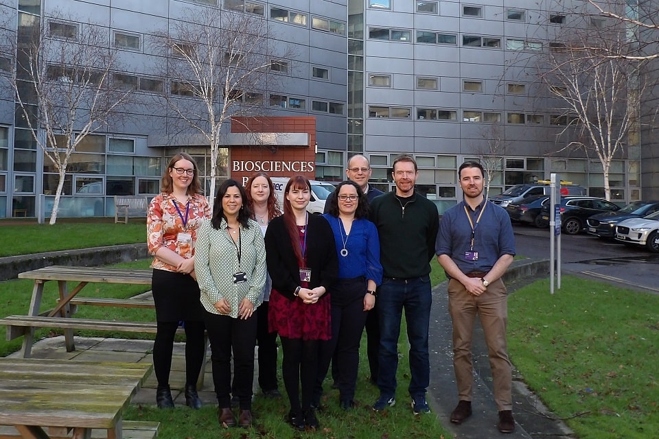 health and life scientists outside biosciences building