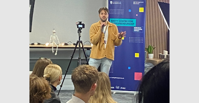 University of Liverpool Entrepreneurship and Start-up Project Officer, Benjamin Dalton speaking at Entrepreneurs Monthly Meet up October 2024.