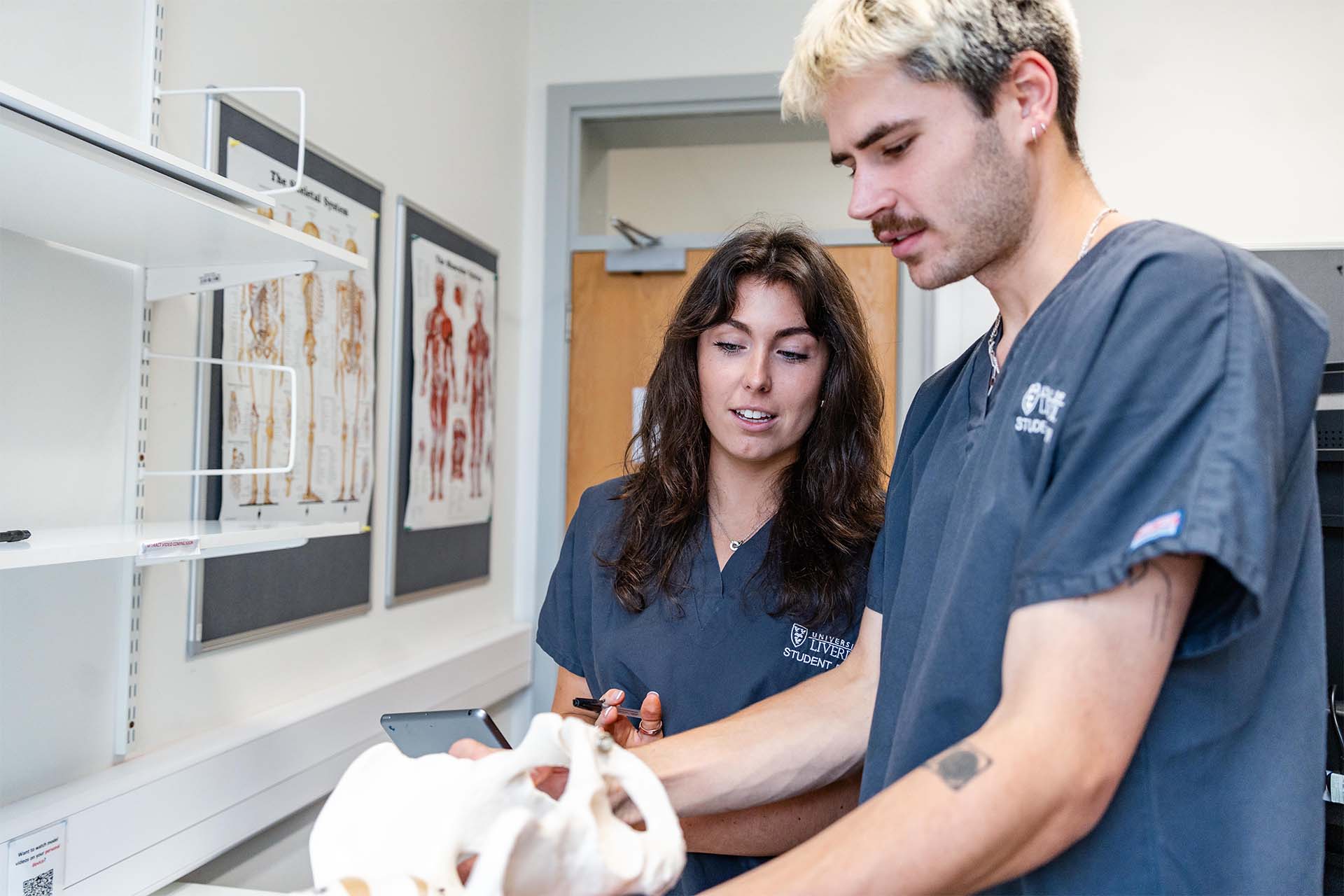 A wide shot of two students in medical scrubs standing together. One is a young man holding a small model of the human pelvis, the other is a girl observing him and with a small iPad taking notes