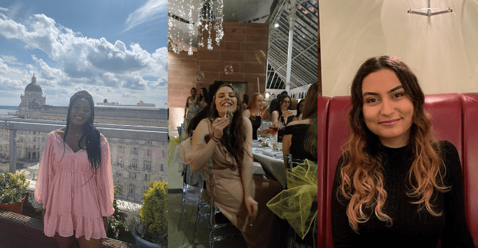 collage of 3 students, one with a panoramic background, one blowing bubbles at a ball, one sat at a booth