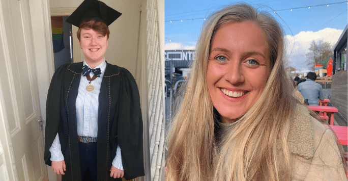 collage of 2 students, one in cap and gown, the other sitting outside on a sunny day