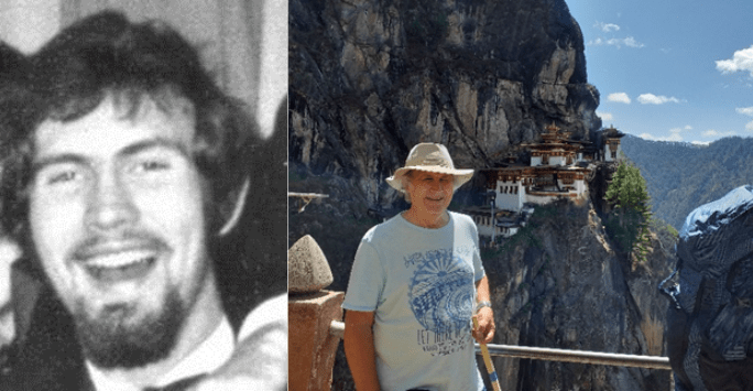 black and white photo of man as a student, same man years later with a hilly landscape background