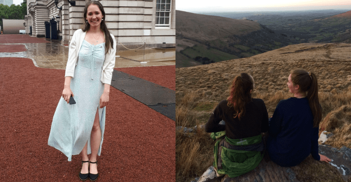 a woman in formal wear outside Buckingham Palace and two women overlooking hills and mountains