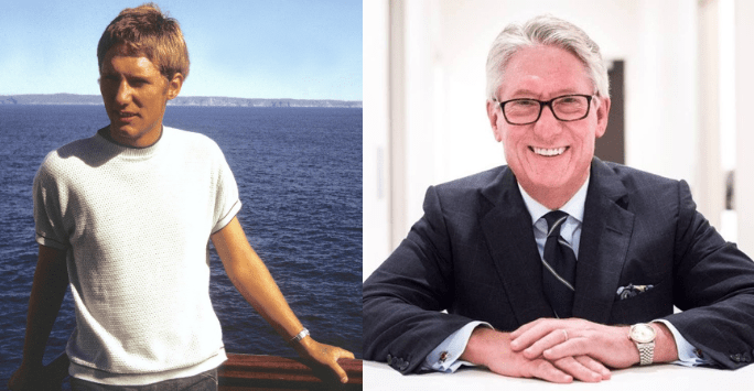 man with blue sky and sea in the background and same man years later in suit and tie