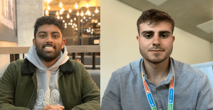 Collage of 2 students smiling to camera