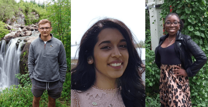 collage of 3 photos, one man stands next to a waterfall, close up shot of one woman wearing a floral top, one woman poses outdoors with greenery behind