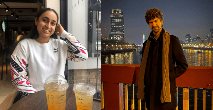 Collage - one woman in coffee shop with chilled drinks, one man with city backdrop at night