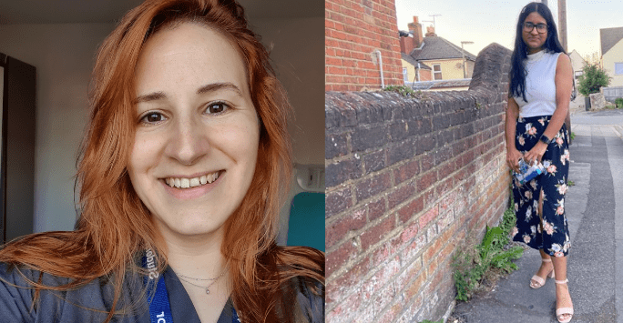 collage - one close up of student doctor in scrubs, one full length of student standing in a street