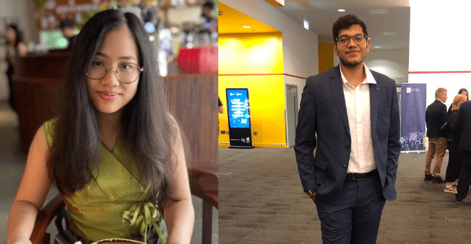 collage of 2 students, one sitting at a table at a restaurant, the other at a conference