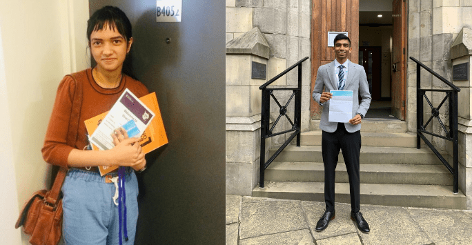 collage of two students, one posing at front door, the other on steps