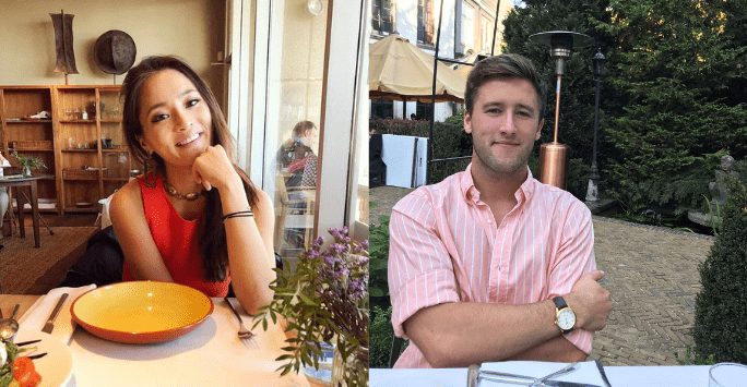 collage of two students, one woman one man, smiling sitting at restaurant tables